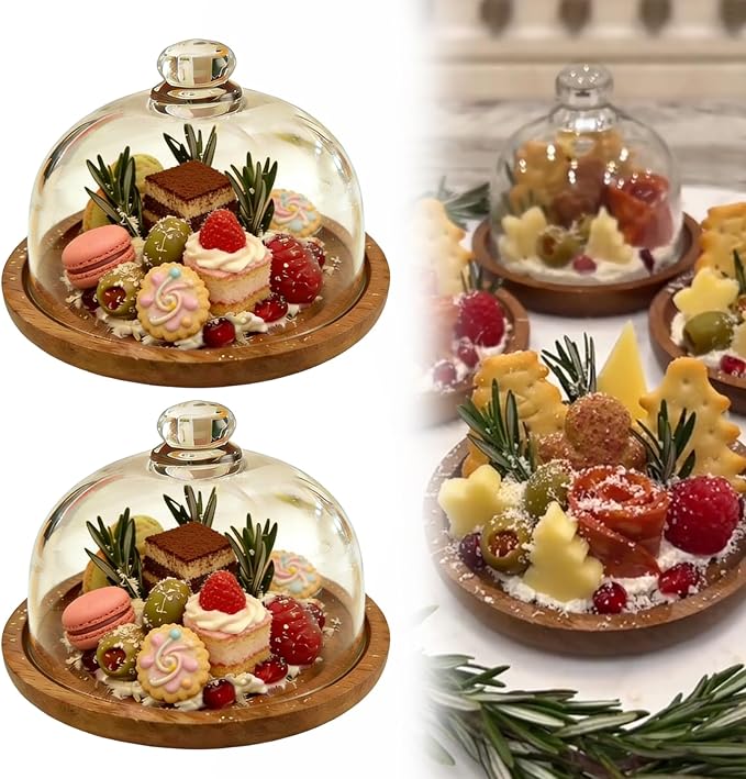 Charcuterie Snow Globes, Mini Cake Stand with Dome Lid, Charcuterie Snow Globe Container, Individual Charcuterie Boards for Cookie, Pastries, Cupcake, for Wedding Birthday Holiday Dessert Display (2pcs)