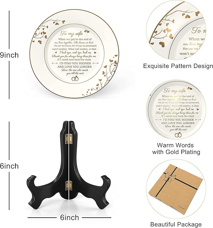 Gifts for Wife - To My Wife Plate with 24k Gold Foil, Happy Birthday Anniversary Wedding Gift for Her from Husband, Ceramic 9"
