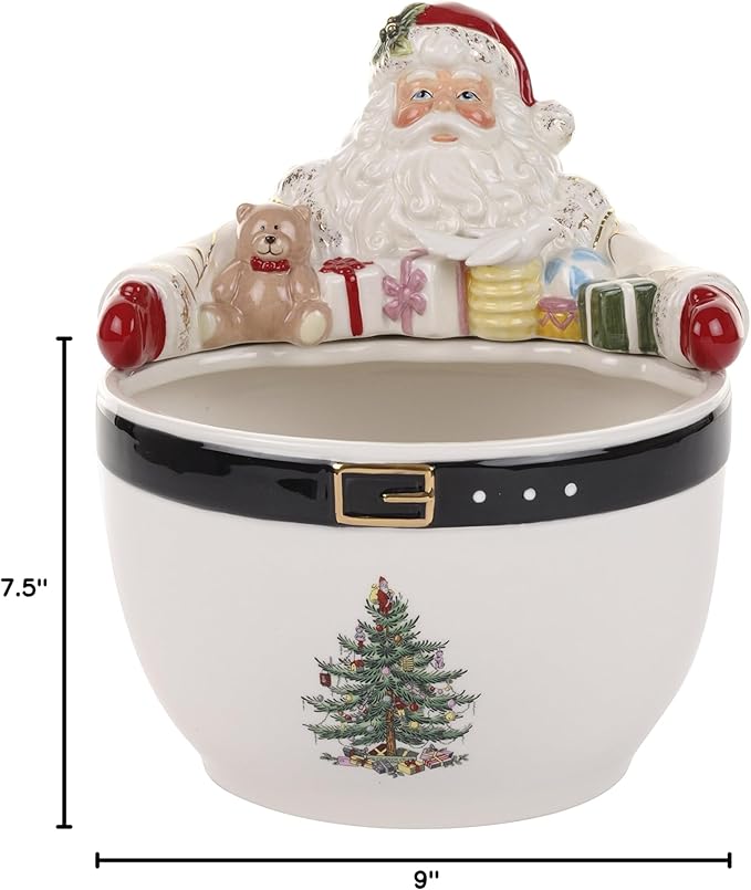 Spode Christmas Tree Santa 9-Inch Nut Bowl – Decorative Earthenware Bowl for Candies, Nuts, Desserts & Holiday Treats – Elegant Christmas Tableware with 22-Karat Gold Accents