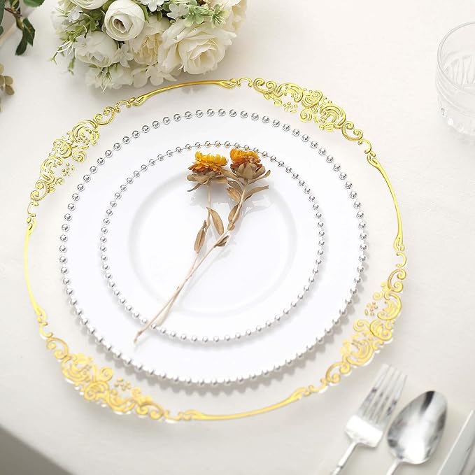 8" Salad Plates - Set of 20 - Plastic White/Silver Round Disposable Dessert Appetizer Plate Beaded Rim, Ideal for Dinner Party Wedding Bulk Events