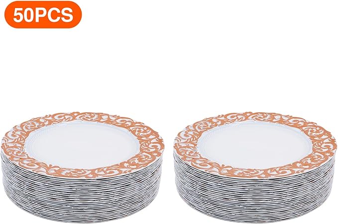 50 Pcs Antique Charger Plates Bulk 13" Round Floral Chargers for Dinner Plates, White Charger Plates for Wedding, Party, Elegant Tabletop Decor (White+Rose Gold)