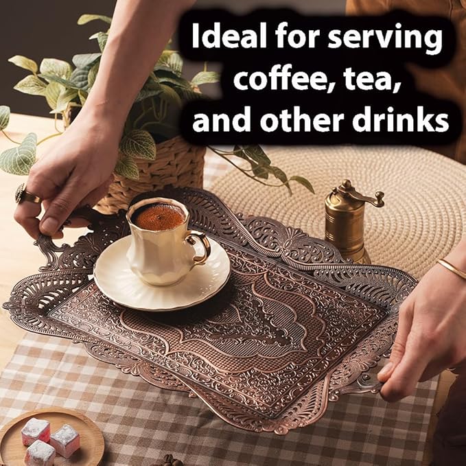 Antique Vintage Tea Coffee Serving Tray Table Home Decor Decorative Handle - Arabic Persian Turkey Fancy Rustic Farmhouse Rectangular Decorative Beverage Bar Ottoman Style Tray Traditional Unique