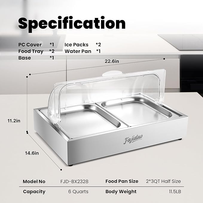 Ice Food Serving Display Tray, Cold Serving Plate with Clear Roll Top, 5QT Stainless Steel Food Serving Tray, Cooling Food Dishes Display Plate for Home, Buffet, Restaurant, Party