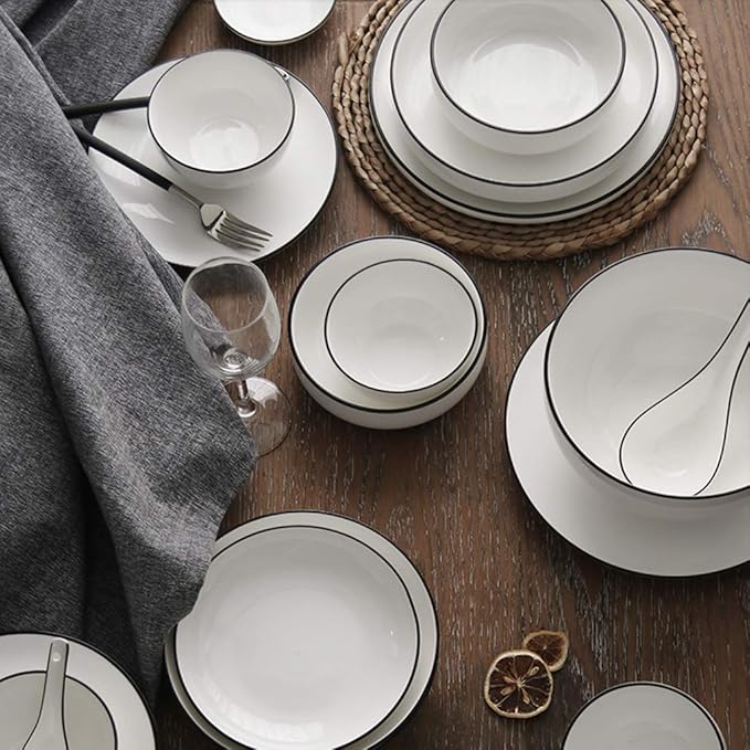 Fine Dinnerware Sets,Dinner Plate Ceramics Dinner Sets, Bowl/Dish/Spoon | Pure White Black Line Porcelain Combination Set,