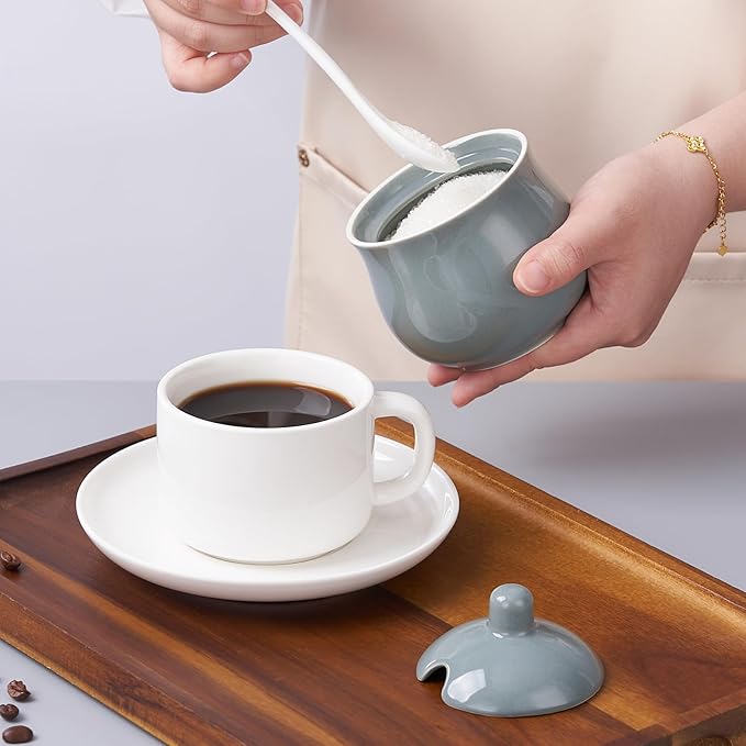 Ceramic Sugar Bowl with Lid and Spoon, Grey Porcelain Sugar Salt Pepper Storage Jar, 8 Ounces