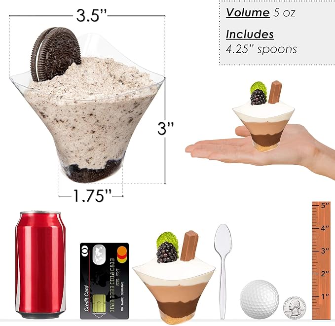 DLux 50 x 5 oz Mini Dessert Cups with Spoons, Large Swirl - Clear Parfait Appetizer Cup - Small Reusable Serving Bowl for Tasting Party Desserts Appetizers - With Recipe Ebook