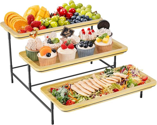 Lifewit 3 Tier Bamboo Serving Tray for Party Supplies, 14" x 6.5" Platters for Serving Food, Reusable Trays with Black Metal Display Stand for Veggie, Fruit, Cookies, Dessert
