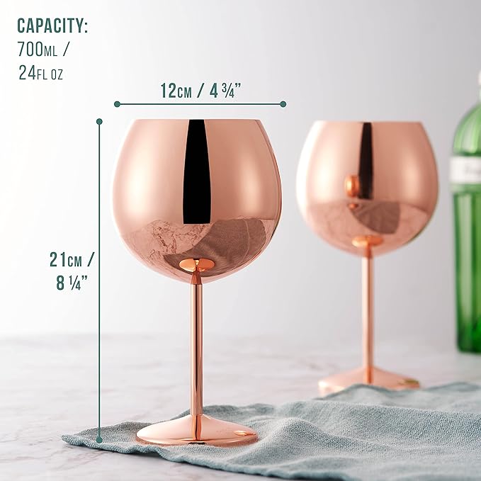 Oak & Steel - 24oz Big Gin and Tonic Glasses Set of 4 (Rose Gold) Stainless Steel, Balloon Glasses, Gin Cocktail for Wedding, Birthday, Beach & Pool Party