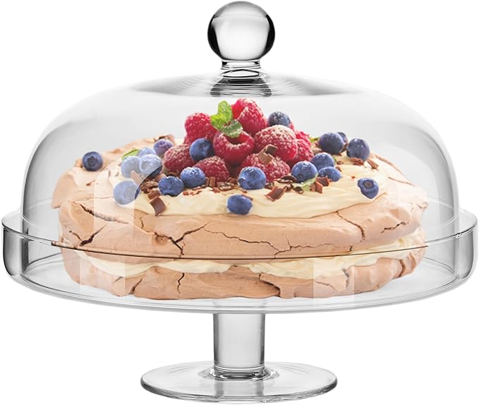 Barski Glass Cake Stand with Dome – Footed Plate is 11.75" Diameter – Clear Glass Covered Dessert Stand with Rim – Elegant Serving Platter for Cakes, Cupcakes, Pastries & Snacks – Made in Europe