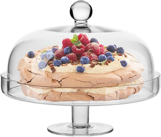 Barski Glass Cake Stand with Dome – Footed Plate is 11.75" Diameter – Clear Glass Covered Dessert Stand with Rim – Elegant Serving Platter for Cakes, Cupcakes, Pastries & Snacks – Made in Europe