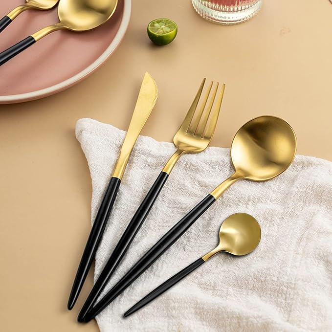 30 Piece Matte Black Gold Silverware Set, Flatware Set for 6, Forks Spoons Set, Food-Grade Stainless Steel Cutlery Set (Gold/Black)
