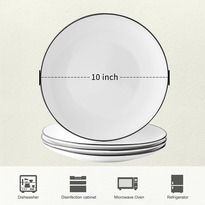 YOLIFE 10 inch Dinner Plates Set of 6, White Plate with Black Trim, Ceramic Steak Plates, Microwave & Dishwasher Safe