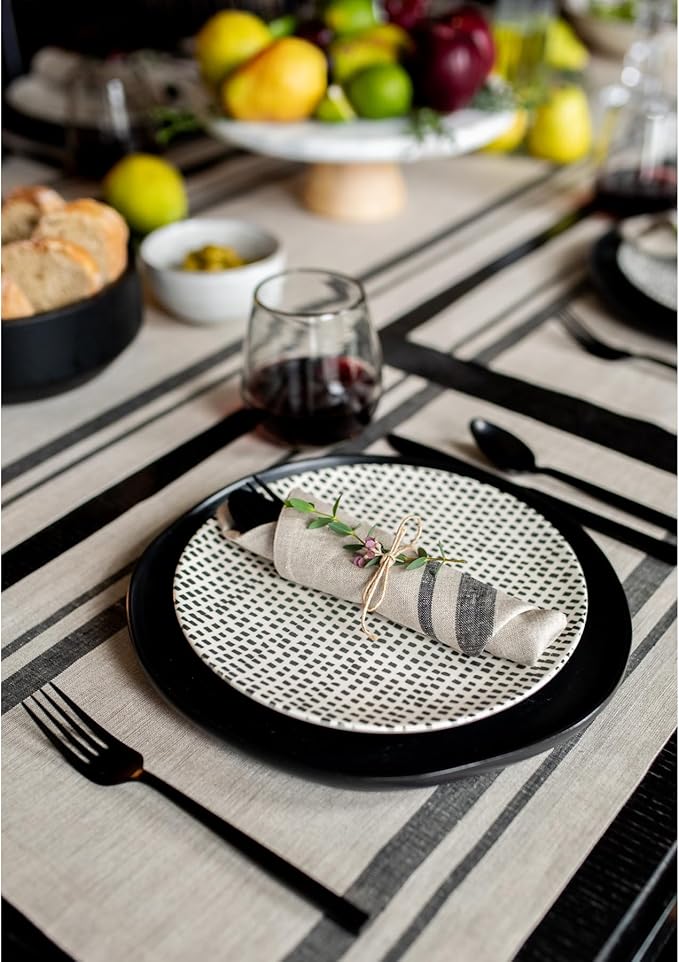 Solino Home Linen French Stripe Placemats Set of 4-100% Pure Linen Black and Natural Placemats 14 x 19 Inch for Winter, Holiday - Handcrafted and Machine Washable