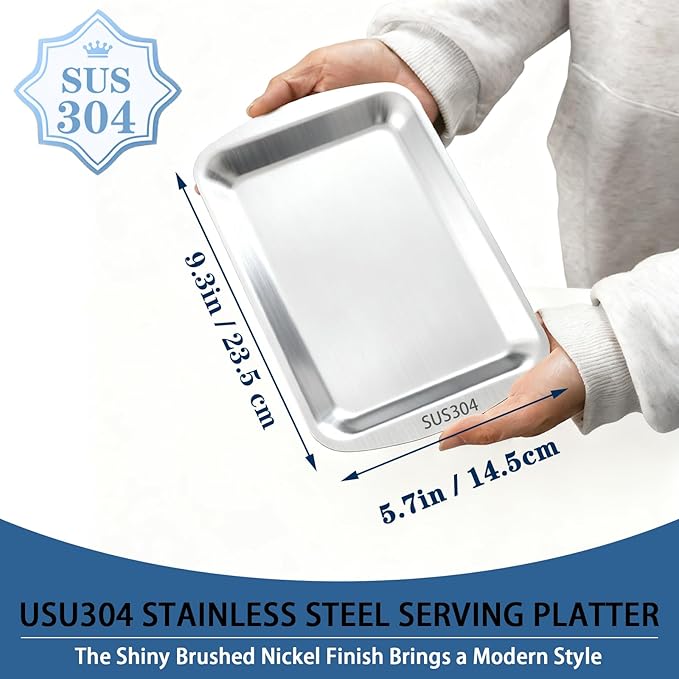 Silver Serving Tray, 304 Stainless Steel Rectangle Plates for Food, Metal Tray for Bathroom Vanity Jewelry and Serving, 9.2x5.7Inch