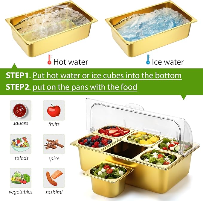 Countertop Food Serving Display Container Clear Roll Top Cover 6 Pan Stainless Steel Ice Food Buffet Server Salad Bar Pizza Topping Station Condiment Dispenser Restaurant Kitchen Party(Gold)