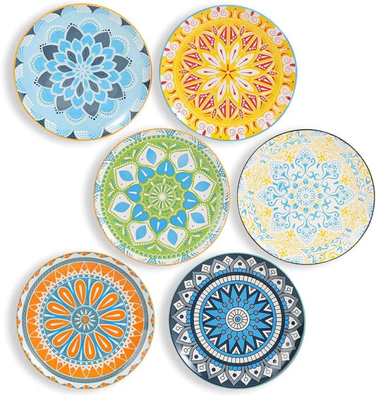 Dessert Plate Set of 6-8 Inch Ceramic Salad and Appetizer Plates - Vibrant Mix-and-Match Colors - Dishwasher and Microwave Safe