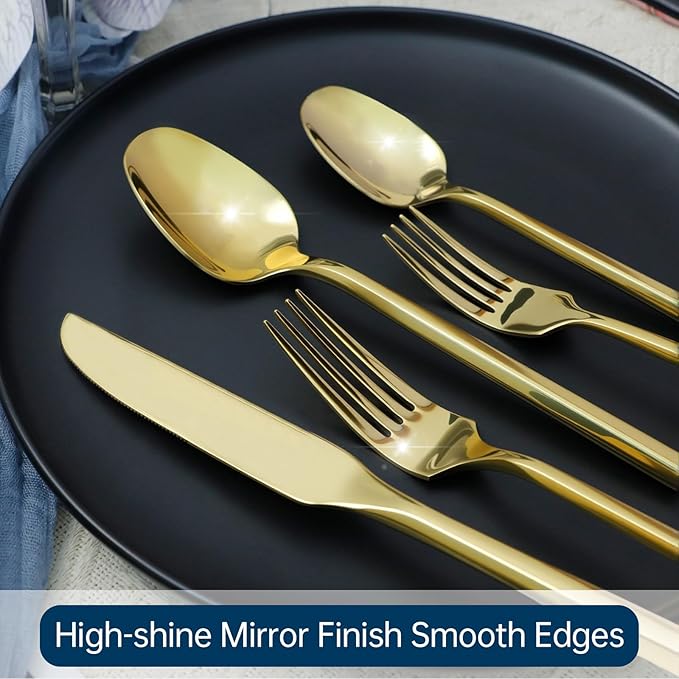 Gold Silverware Set 20-Piece Stainless Steel Mirror Polishing Golden Cutlery, Hand Forged Thick Hexagon Handle Flatware Sets, Wedding Housewarming Gift Service for 4