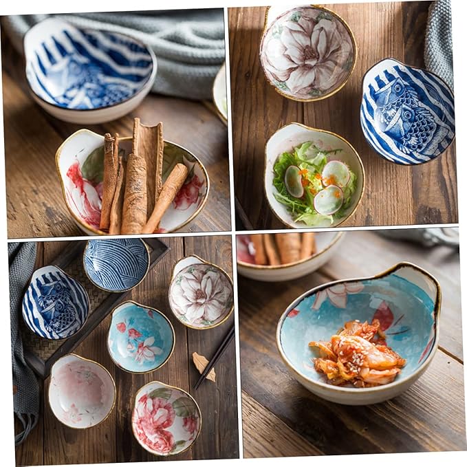KICHOUSE 3pcs Ceramic Sauce Dipping Dish Set Hand-Painted Glazed Condiment Bowls Small Handle for Soy Sauce Vinegar and Appetizers Random Style