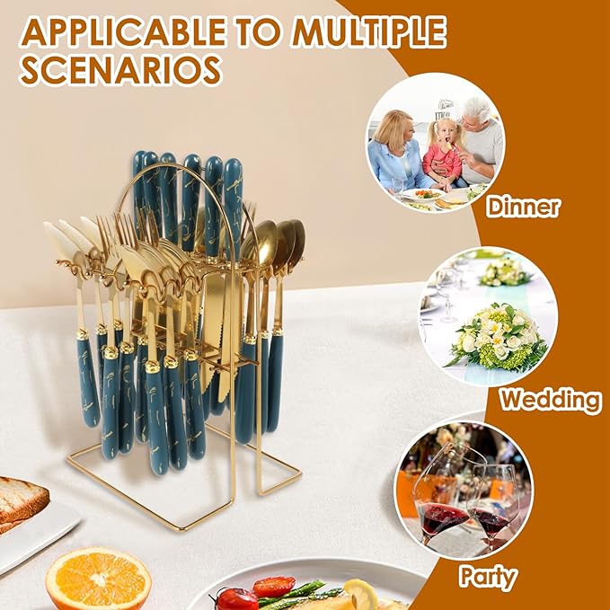 24 Pcs Silverware Set with Hanging Holder, Stainless Steel Flatware Set, Kitchen Utensil Tableware Set with Stainless Steel Knives and Forks and Spoons, Mirror Polished, Dishwasher Safe (Green)