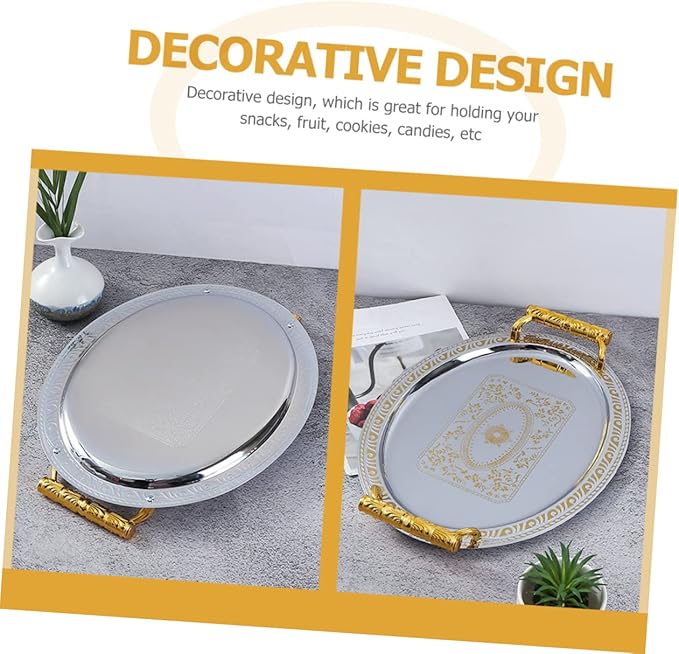 European Style Oval Stainless Steel Serving Tray for Fruit Snacks Desserts Vintage Design for Home Restaurant Use Silver with Gold Rim