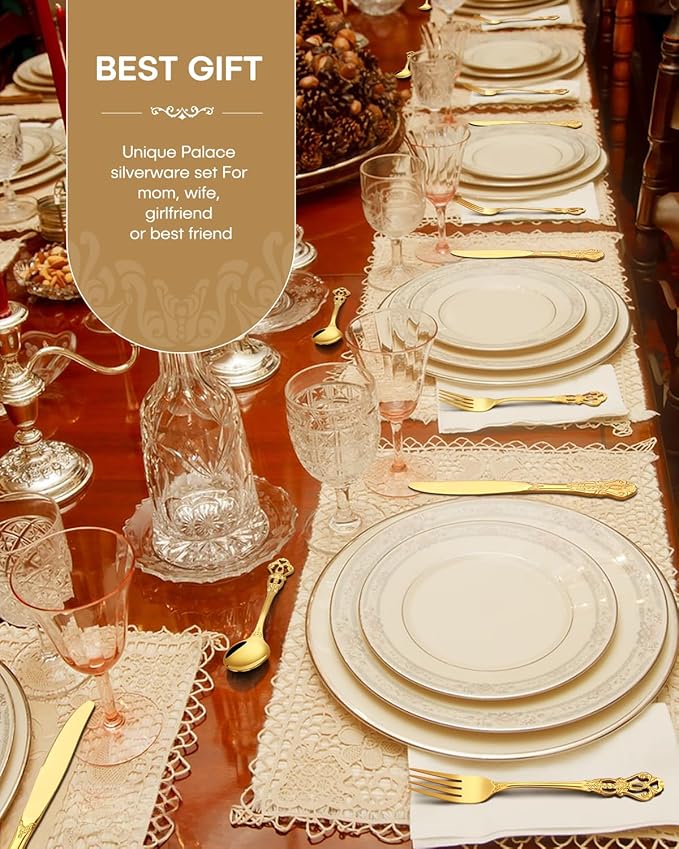 Stapava 60 Pcs Retro Royal Gold Silverware Set, Stainless Steel Gold Utensils Cutlery Set for 12, Gorgeous Flatware Set Include Forks Spoons and Knives set, Dishwasher Safe, Mirror Polished