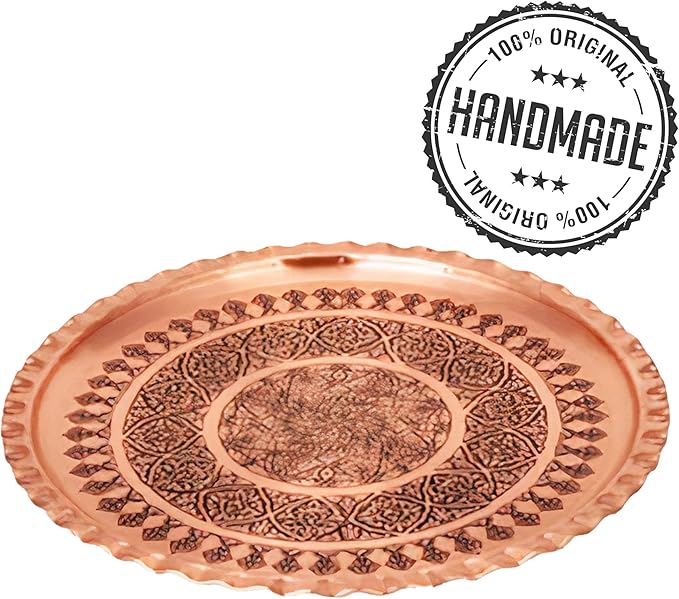 Handmade Copper Tea Tray for Turkish Tea, Round Ottoman Tray, Serving Platters for Coffee Table, Decorative Antique Metal Tray, Hammered Copper Round Tray, Vintage Drink Tray, 13.4 in