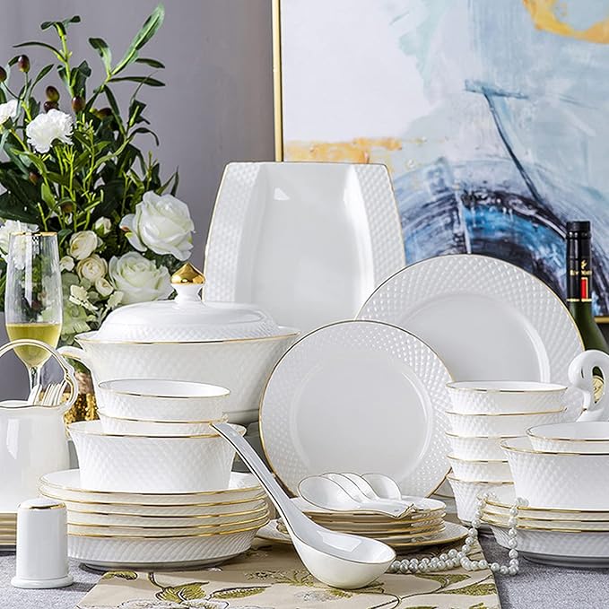 Milky White Porcelain Tableware Set Home Simplicity Combination Tableware Set of Bowls Dessert Plates Soup Plates Dinner Plates 60 Piece Set