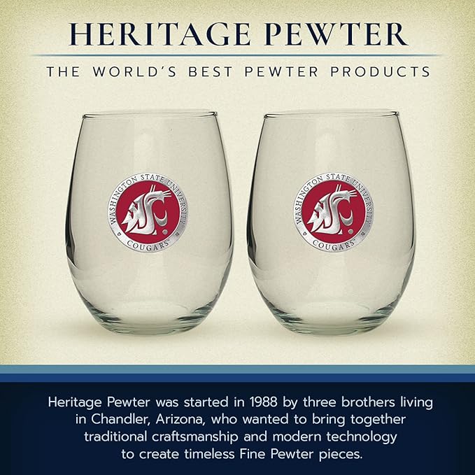 Heritage Pewter Washington State Cougars Stemless Glass Goblets – Set of 2 | 15 OZ Goblet Wine Glasses | Expertly Crafted Pewter Glass