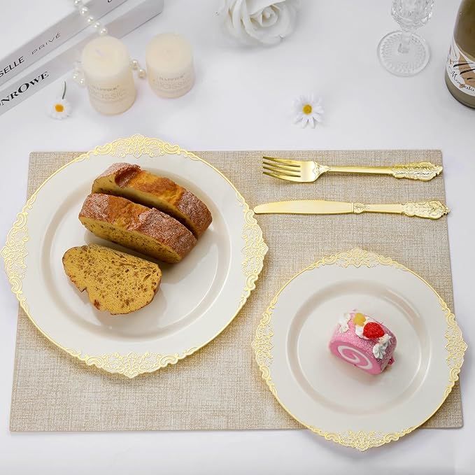 200 PCS Ivory and Gold Plastic Plates for 100 Guests, Gold Disposable Plates Include 100 PCS Dinner Plates, 100 PCS Dessert Plates for Party, Wedding and Graduation (200, Ivory White)
