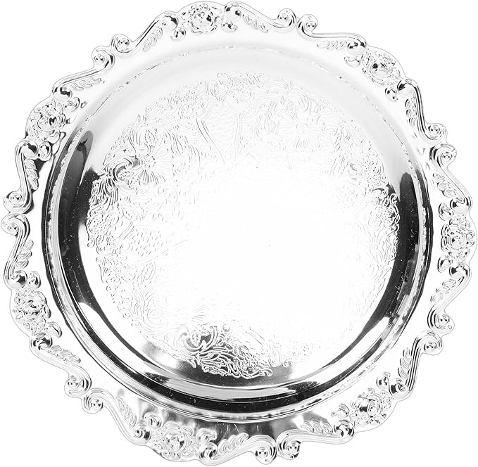 Focket Serving Tray, Floral Engraved Vintage Silver Metal Platter with Spacious Design for Snacks Fruit Appetizers Charcuterie Desserts Beverages (25cm)