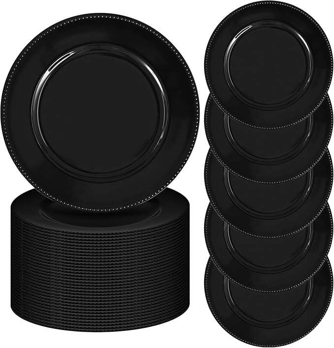 fani 50 Pcs Black Charger Plates Bulk, 13'' Round Beaded Dinner Charger Plates, Plastic Reusable Vintage Table Decoration for Wedding, Party, Reception, Event, Holiday Supplies