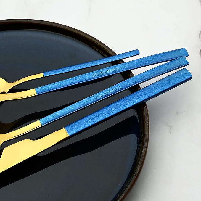 24-Piece Flatware Set, 18/0 Stainless Steel Knife Fork Spoon Teaspoon Silverware Set, Service for 6, Blue slender handle Gold
