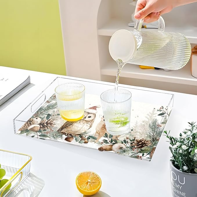 Serving Tray with Handles Clear Acrylic Tray 12x16 Inch Decorative Rectangular Tray Organizer for Ottoman Coffee Table Bathroom White Christmas Deer Owl Pinecorns Leaves