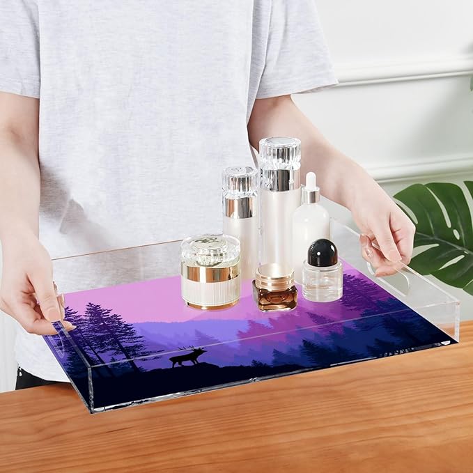 Serving Tray with Handles Clear Acrylic Tray 12x16 Inch Decorative Rectangular Tray Organizer for Ottoman Coffee Table Bathroom Purple Stag Mountains and Forest