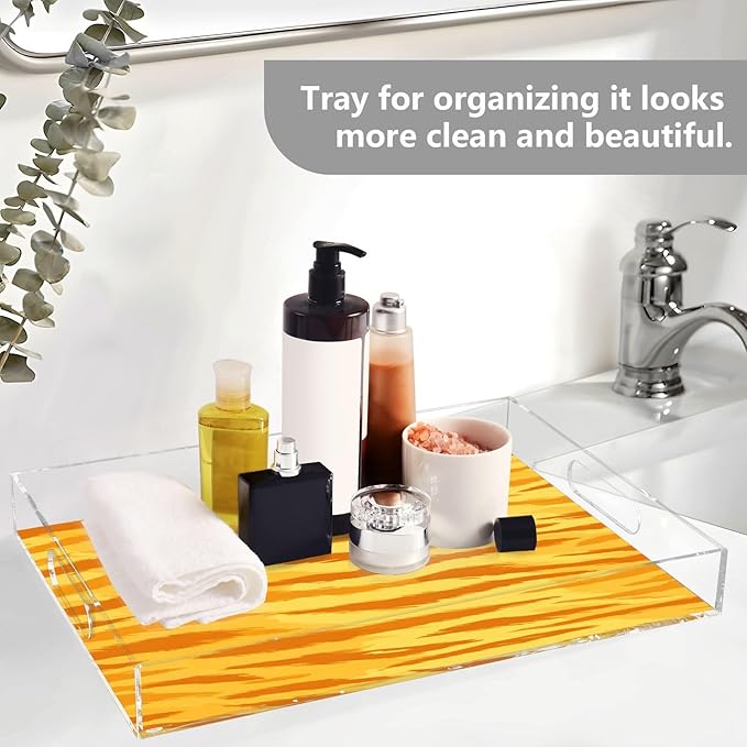 Serving Tray with Handles Clear Acrylic Tray 12x16 Inch Decorative Rectangular Tray Organizer for Ottoman Coffee Table Bathroom Bright Orange Yellow Tiger Print