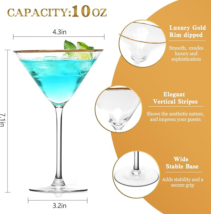 Yaschmo Martini Glasses Set of 2, Gold Rim Hand-Blown Crystal Cocktail Glasses, 10oz Large Martini Glasses for Espresso, Cosmopolitan, Gimlet, Elegant Barware Gift for for Women, Men, Any Occasion