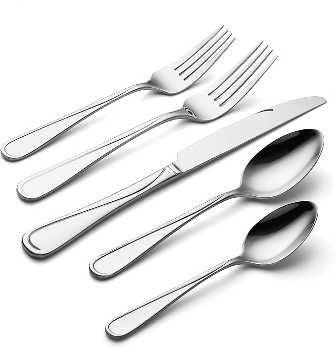 Oneida Silverware Set For 12, Soar 65-Piece Flatware Set with Serving Utensils, Service For 12, 18/0 Stainless Steel Silverware Set, Dishwasher Safe, Knives Spoons and Forks Set (Silver, 65 Piece)