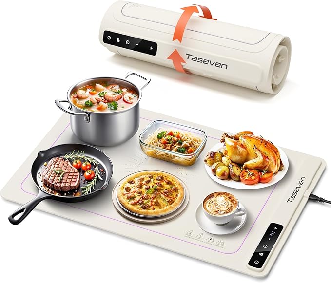 Food Warming Mat, Silicone Heating Tray with 7 Temperature Settings, Quick Full Surface Heating Pad, Thermochromic Line, Kids Lock, Food Warmers for Parties