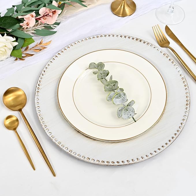 24 Pcs Vintage White Charger Plates Bulk, 13" Round Beaded Plate, Decorative Dinner Plastic Table Chargers for Wedding, Holiday Party, Baby Shower, Event Decoration