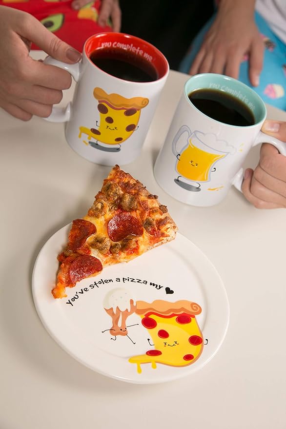 Pavilion Gift Company Pavilion-You've Stolen A Pizza My Heart-7.25 Inch Pizza & Wings Ceramic Appetizer Plates Set of 2, White