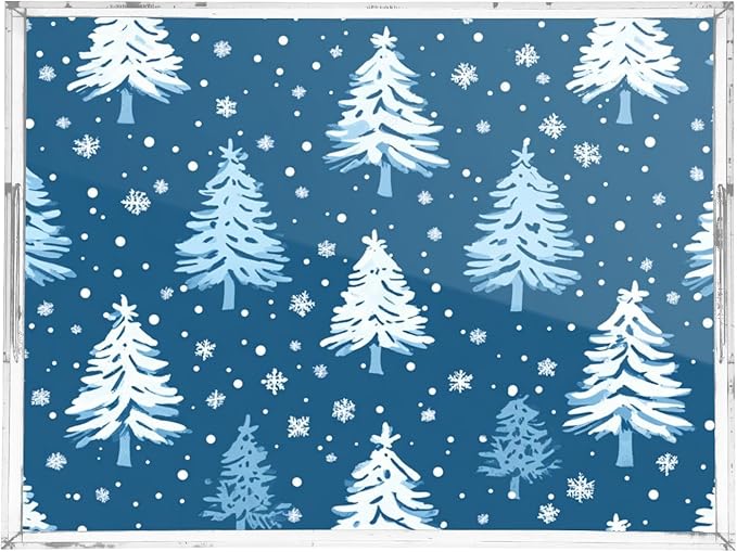 Serving Tray with Handles Clear Acrylic Tray 12x16 Inch Decorative Rectangular Tray Organizer for Ottoman Coffee Table Bathroom Winter Snow Trees Blue