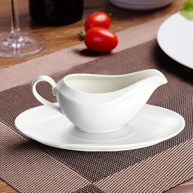 Gravy Boat with Saucer, 14oz Ceramic Gravy Bowl Sauce Boat with Tray for Broth, Salad Dressings, Cream, Milk and Black Pepper (white, Large)