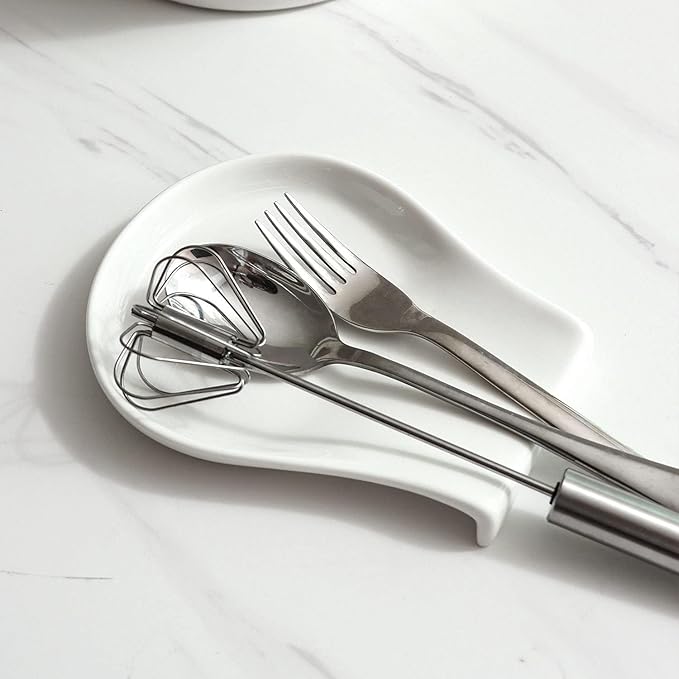 Spoon Rest for Kitchen Counter, 5.5 Inches Spoon Holder, Ceramic Ladle Rest for Stove Top, Spatula Holder Porcelain, Coffee, Kitchen Utensils Accessories, Set of 4, White