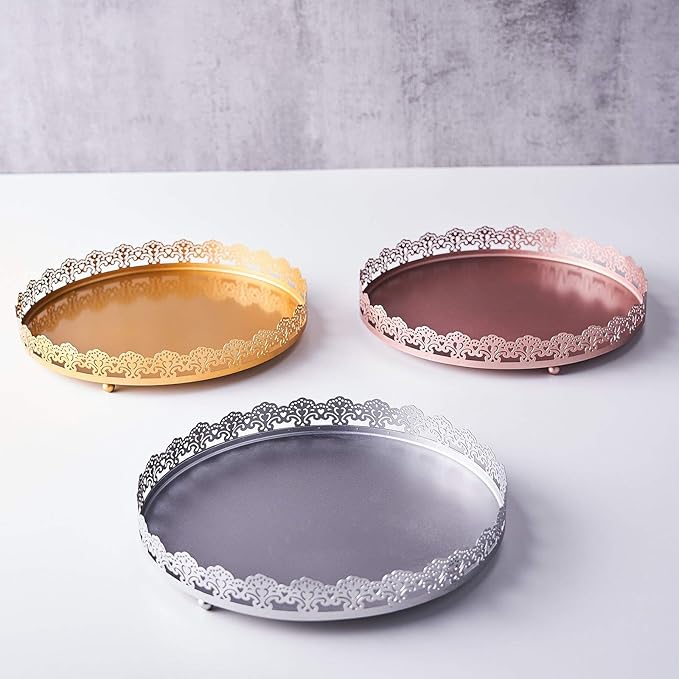 Plastic Round Premium Decorative Serving Tray with Embellished Rims - Silver