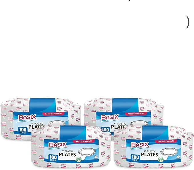 Basix [400 Count Disposable 6 inch White Plastic Appetizer Plates, Microwavable, Great For Events, Home, Office, Wedding, Parties, or Everyday Use, 4 Packs