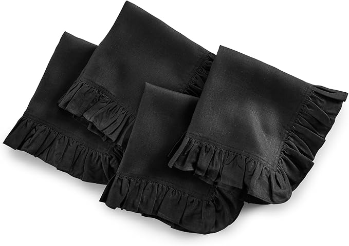 Solino Home Linen Ruffle Cloth Napkins Set of 4-100% Pure Linen Black Dinner Napkins 20 x 20 Inch for Winter, Christmas, New Year - Gabrielle Ruffle, Handcrafted and Machine Washable