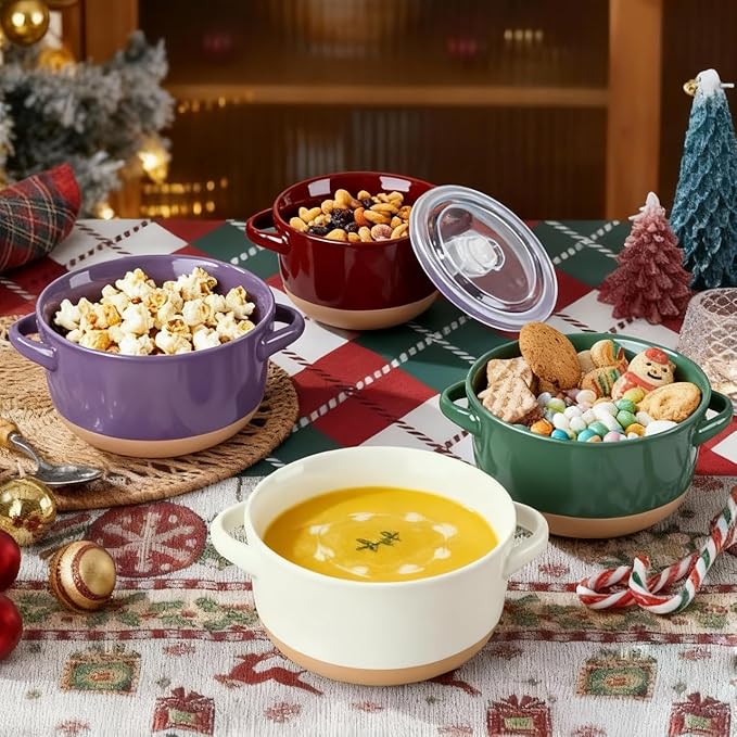 AmorArc 24 Ounces Soup Bowls with Large Handles and Lids, Stoneware Bowls Set of 2 for Soup, Cereal, Stew, Noodle, Colourful Ceramic Kitchen Bowls, Microwave&Dishwasher Safe, Green&Purple