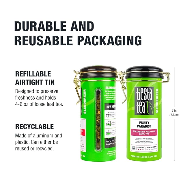 Tiesta Tea - Fruity Paradise, Loose Leaf, Strawberry Pineapple Green Tea, Premium Blend, Medium Caffeinated Green, Make Hot or Iced, Up to 250 Cups, 16oz Bulk Pouch & 4oz Refillable Tin Combo