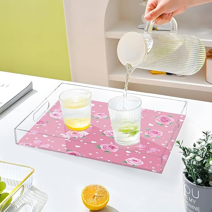 Serving Tray with Handles Clear Acrylic Tray 12x16 Inch Decorative Rectangular Tray Organizer for Ottoman Coffee Table Bathroom Pink Valentine Heart Roses Bows