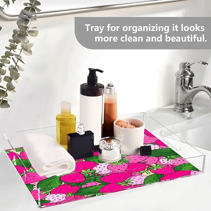Serving Tray with Handles Clear Acrylic Tray 12x16 Inch Decorative Rectangular Tray Organizer for Ottoman Coffee Table Bathroom Pink Cute Strawberries